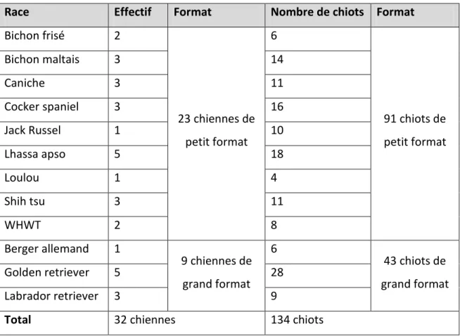 Tableau 4 : Population de chiennes et de chiots étudiée pendant la lactation 