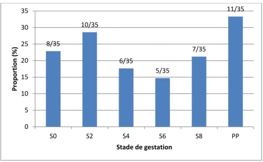 Figure 2 : Evolution de la proportion de chiennes excrétrices en fonction du stade de gestation (n = 35 chiennes, S0 =  saillie et PP = Post-Partum) 