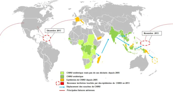 Figure 4 : Réémergence du virus du chikungunya. Suite à l’épidémie de 2005-2006 dans les îles de l’ouest de  l’Océan Indien, le virus s’est rapidement propagé à l’Inde, à l’Asie du Sud-est, puis aux îles de l’Océan Pacifique et  enfin aux Caraïbes