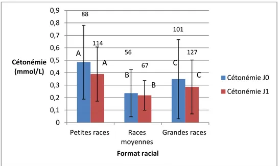 Figure 13 : Cétonémie à J0 et à J1 en fonction du format racial. Sont représentés  les moyennes ainsi que les écart-types