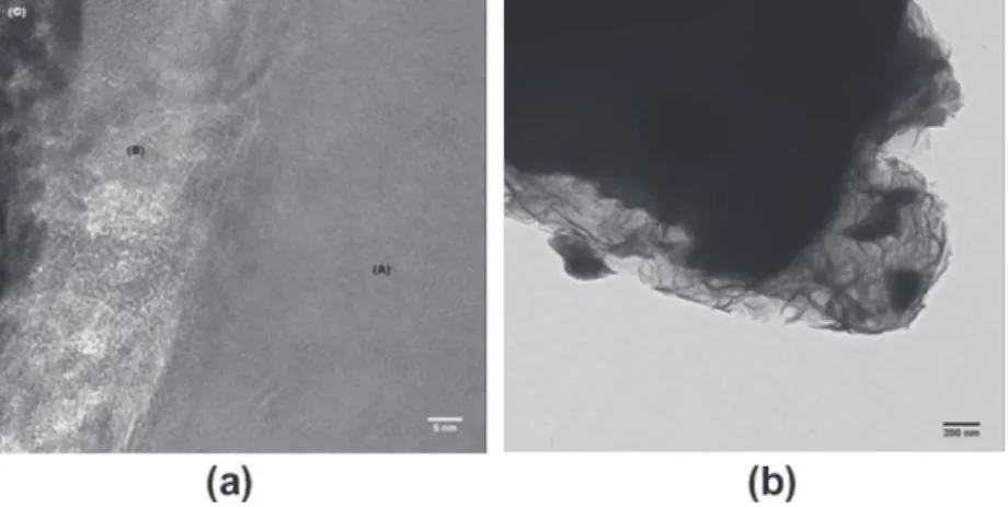 Fig. 7. Visuals of the passivation layers that precipitate around the olivine particles during aqueous mineral carbonation reaction in water only – TEM pictures after reaction at (a) 120 °C (3 g/L, PCO 2 = 20 bar, 24 h reaction time) and (b) at 180 °C (90 