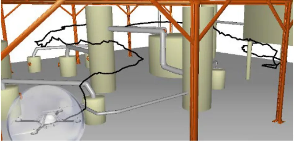 Figure 3.7: Path produced by the Bidirectional T-RRT for a quadrotor flying in a dense industrial environment.