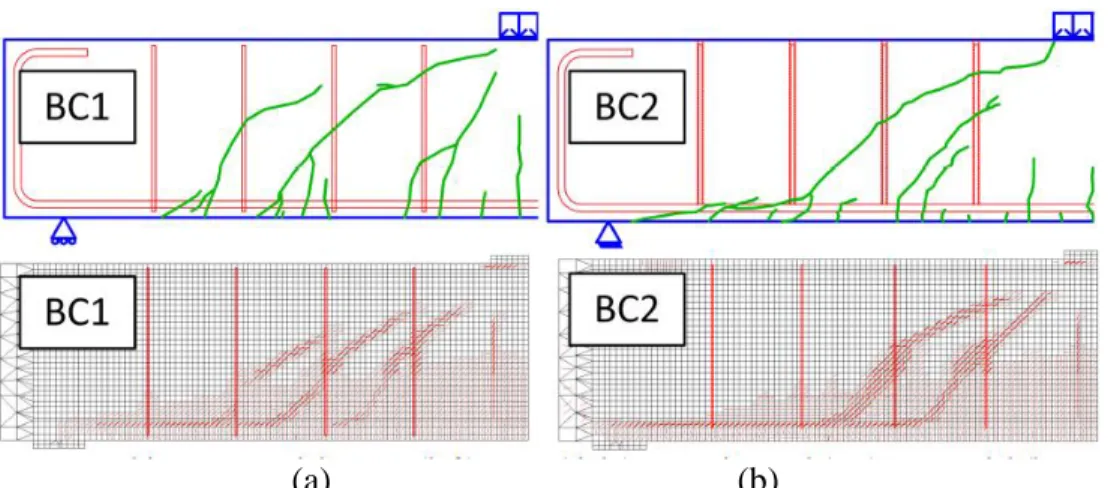 Figure 2-24. Comparaison des patrons de fissuration obtenus expérimentalement (haut) et numériquement (bas)  pour des dalles tirées de Cusson (2012) : (a) Dalle armée d'étriers coulés en place et (b) dalle renforcée avec barres 