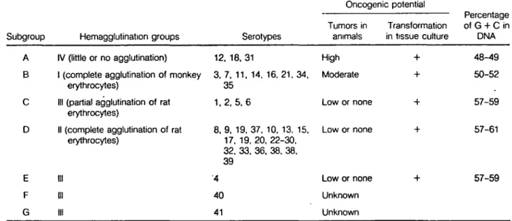 Tableau  3.  Classification  en  sous-groupes  des  adénovirus  humains  selon  Horwitz,  M