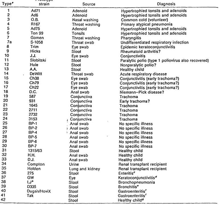Tableau I:  Citation de  42 sérotypes humains et les  pathologies auxquelles  ils sont reliés