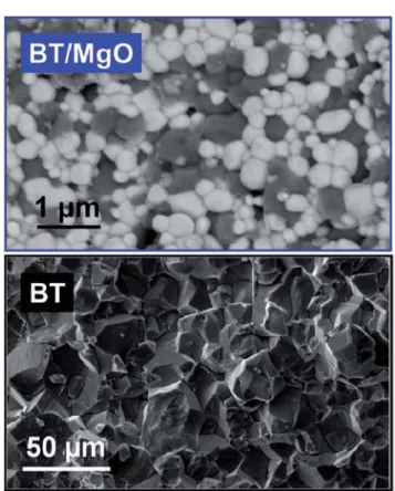 Fig. 5 (Top) The FEG-SEM micrograph in back-scattering electron mode of the fracture of the sintered composite ceramic shows the typical obtained nanostructure with BT and MgO randomly dispersed