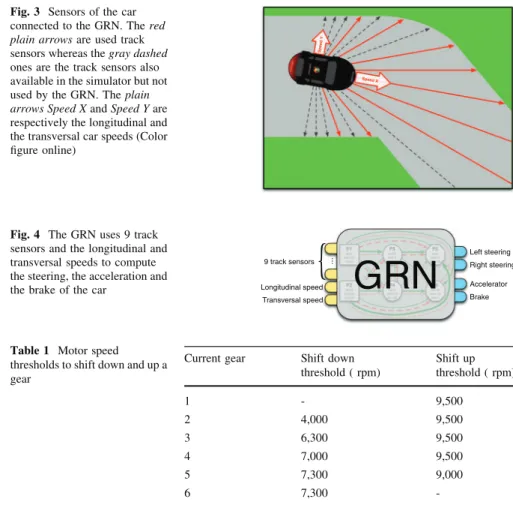 Fig. 3 Sensors of the car connected to the GRN. The red plain arrows are used track sensors whereas the gray dashed ones are the track sensors also available in the simulator but not used by the GRN