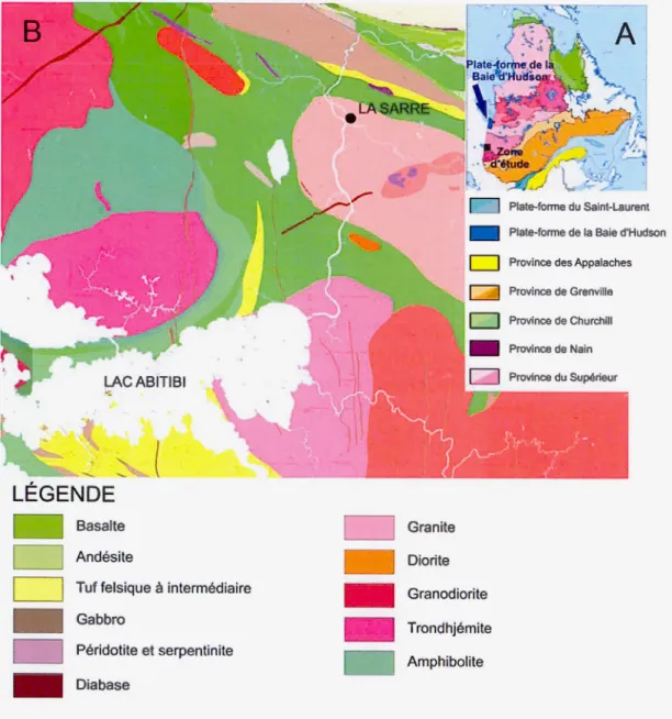 Figure 1.4  (A)  Les  prov inces géo logiqu es du  Québec. La zone  d'étud e (indiquée par  un  point)  se tro uve  dans la province du  Supérieur