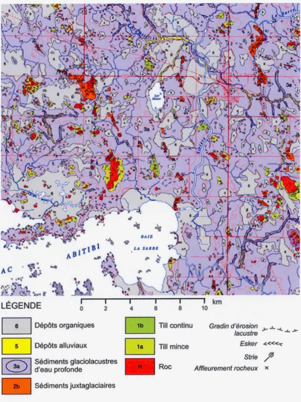 Figure 1.5  C arte des dépôts de s urface de  la zone à l'étud e.  Modifiée  de la  carte  géologique des formations superfic ie lles du  Lac Chicobi  de Thibaudeau et Veillette (2005)