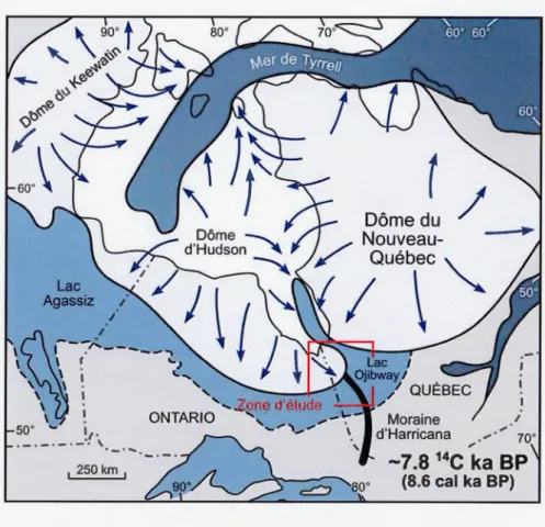 Figure 1.6  Représentation  de  l' inlandsis Laurentidien  lors de  la  scission entre les  dômes d'Hud son et du Nouveau-Québec, ainsi que de  l'étendue du  Lac Agassiz-Ojibway  vers de 8,6 ka cal  BP