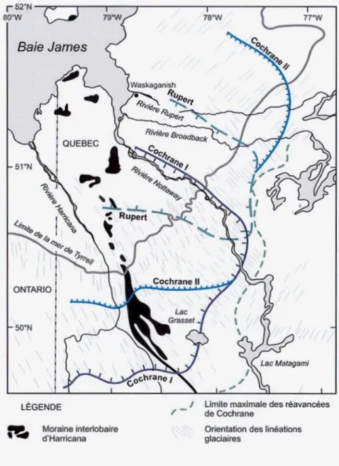 Figure 1.8  Étendue des trois réavancées glaciaires (Cochrane I,  Rupert et Cochrane  il)  délimitées par les  lignes bleues hachurées (Hardy,  1977; Veillette,  1997)