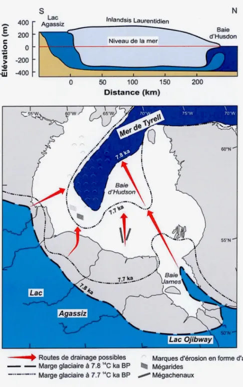 Figure 1.11  Schéma montrant le mécanisme de drainage sous-glaciaire du  Lac  Agassiz-Ojibway, ainsi  que les di ffére ntes routes de drajnage que les eaux  auraient pu 