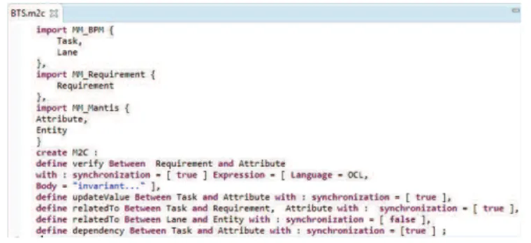 Figure 23 above illustrates the textual editor that allows creating the M2C (meta-level correspondence) model