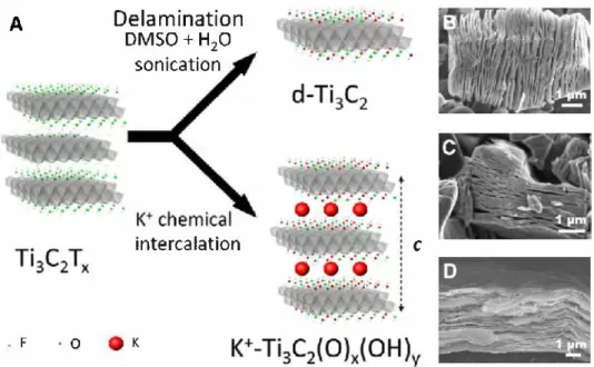 Fig. 1 shows a schematic view of these two chemical modification  paths for ThC 2 T x , The schematic's top right corner depicts treatment  resulting in synthesis of delaminated layers ofîi 3 C 2 , denoted as d-Ti 3 C 2 