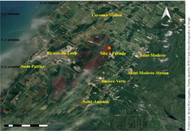 Figure  1.  Localisation  géographique  du  site  à  l’étude  et  présentation  du  complexe  de  tourbière  dont  les  parties  brune  rougeâtre  montrent  les  aires  ayant  subi  de  l’extraction  de  tourbe
