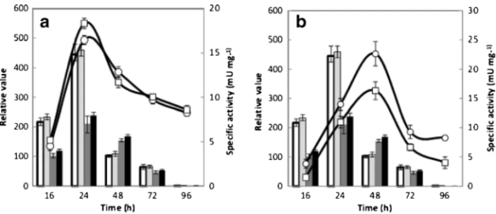 Fig. 8 Relationship of differential expressions with the specific activities of acetyltransferase (a) and benzoyltransferase (b) in two media: SSM (white square with solid line) and SSM + BA (white circle with solid line)