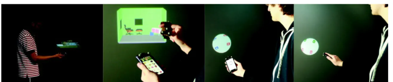 Figure 1. a) Illustration of a true-3D visualization on a mobile device. b) We implemented a 3D interior design application in our  true-3D mobile prototype