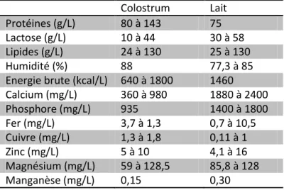 Tableau 5 : Comparaison des compositions du lait et du colostrum chez la chienne, d’après Adkins et  al (2001)