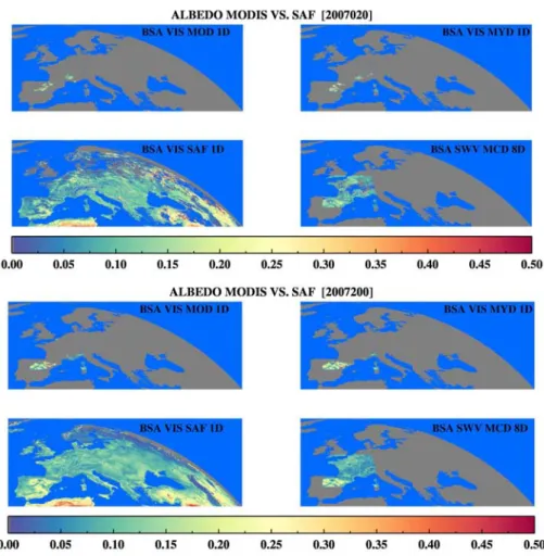 Figure 2.10 – Comparison of Black Sky Albedo (BSA) between TERRA MODIS (MOD 1D), AQUA MODIS (MYD 1D), TERRA+AQUA MODIS (MCD 8D), SEVIRI (SAF 1D) on Julian Day 20 and 200 during 2007.