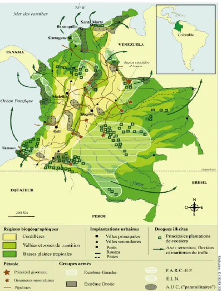 Figure 2 - Présence des groupes armés, du narcotrafic et du pétrole en Colombie en 2006  1.1.4.2   Les accords de paix 