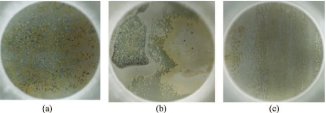Fig. 7. Photographs of the electrode surface after 72 h of immersion in 0.1 M NaCl solution for samples: (a) F3, (b) F4 and (c) F6 (Surface area: 29 cm 2 ).