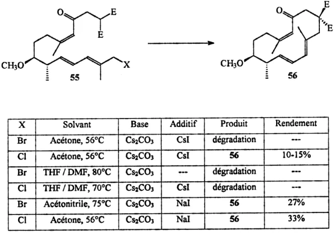 Tableau 2. Resultats des differents essais de macrocyclisation du triene 55 CH30 CH30 56 x Br a Br Cl Br Cl Solvant Acetone, 56°CAcetone, 56°C THF/DMF,80°C THF/DMF770°CAc^tonitrile, 75°CAcetone, 56°C Base CS2C03CsaCOs CS2C03CsiC03CssCOsCs2COs AdditifCslCsl