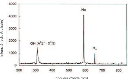 Figure 4 : Spectre d’émission optique d’une électrode fonctionnant à 300 V dans une  solution saline 0,9% NaCl  [122]