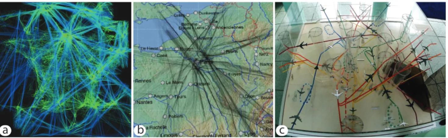 Fig. 1. (a) All flights over the French territory over a single day (July 5 th 2006). (b) Combined geographical and flight data visualization over the Paris region