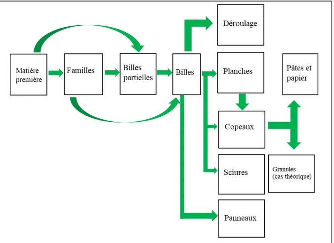 Figure 2.3: Évolution et flux de la matière à travers les processus de transformation  Quant au coût de triage, nous n’avons pas trouvé d’estimé précis dans la mesure où une  partie de celui-ci est normalement assimilée au coût de récolte lorsqu’il est eff