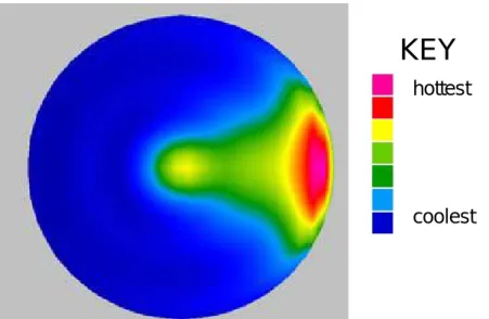 Figure 2.14. Simulated horizontal power density map, 50mm sphere showing hot spot below the  samples surface 