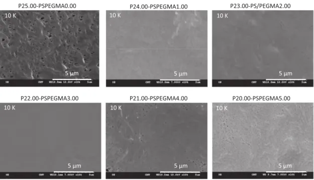 Fig. 5. SEM characterization of the surfaces of virgin PVDF membrane and PEGylated PVDF membranes.