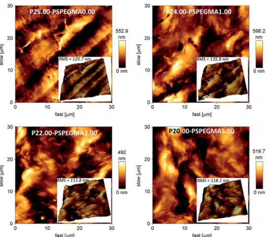Fig. 8. AFM characterization of virgin PVDF membrane and PEGylated PVDF membranes.
