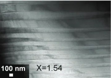 Fig. 5. Bright field TEM image of a single quadratic phase Mn 3−x Co x O 4 ceramic sample for x = 1.54 (conventionally sintered) showing L lamellae corresponding to needle-shaped twins (i.e