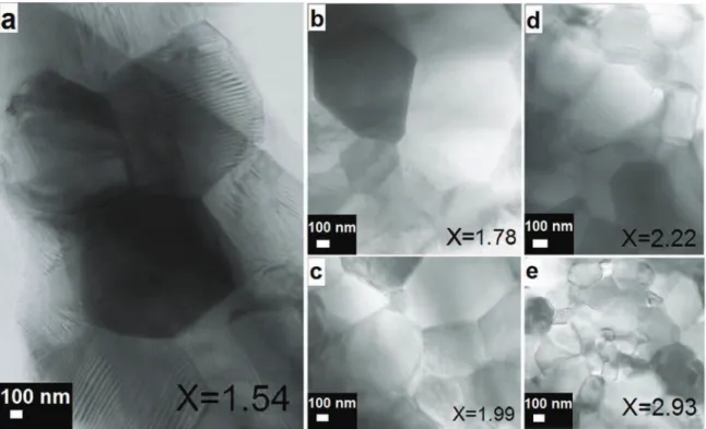 Fig. 9. Bright field TEM images of all samples sintered by SPS: (a) for x = 1.54, (b) for x = 1.78, (c) for x = 1.99, (d) for x = 2.22, and (e) for x = 2.93