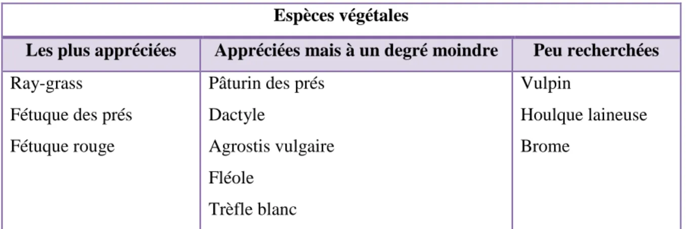 Tableau 12 : Répartition d’espèces végétales selon leur appétence pour le cheval (d’après MARTIN-ROSSET et DOREAU,  1984)   