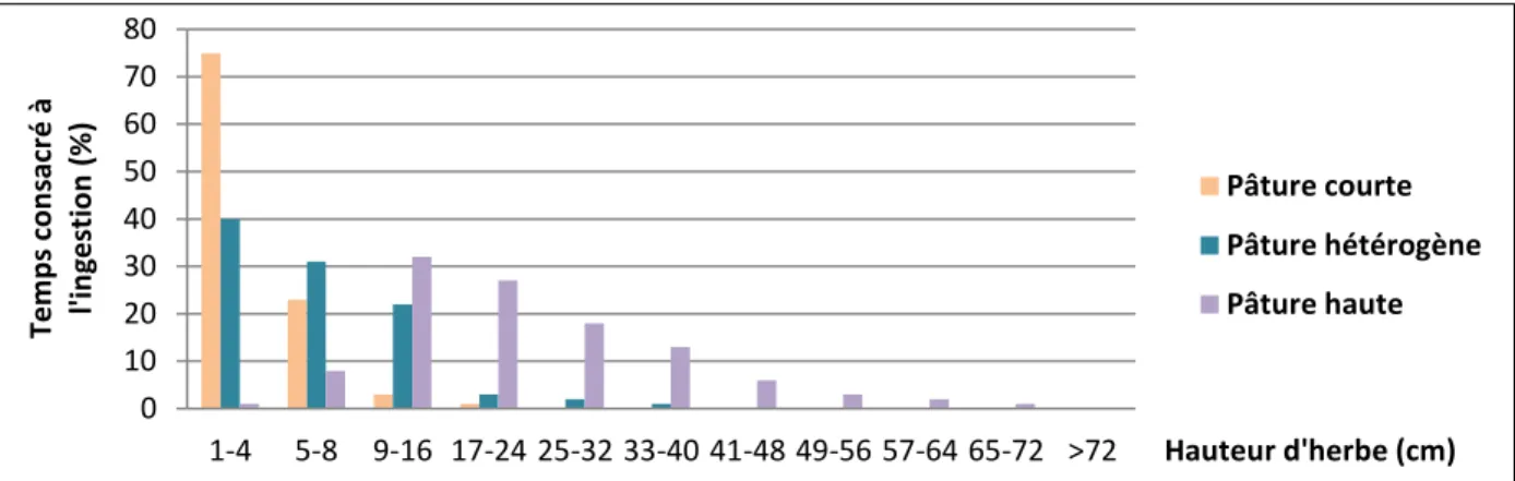 Figure  5 :  Variation  du  temps  consacré  à  l’ingestion  selon  la  hauteur  des  herbes  pâturées  (d’après  FLEURANCE  et  al.,  2010)