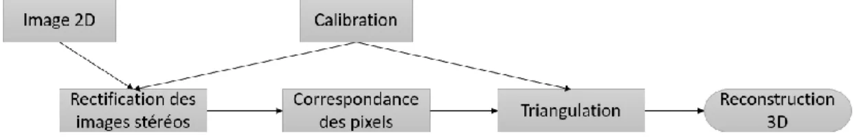 Figure 1.1 – Organigramme des procédures utilisées pour la reconstruction 3D d’une caméra stéréo 