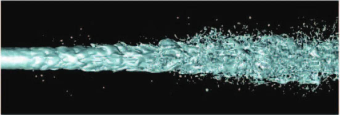 Figure 4.20 : DNS of the primary breakup of a turbulent jet, from [231]