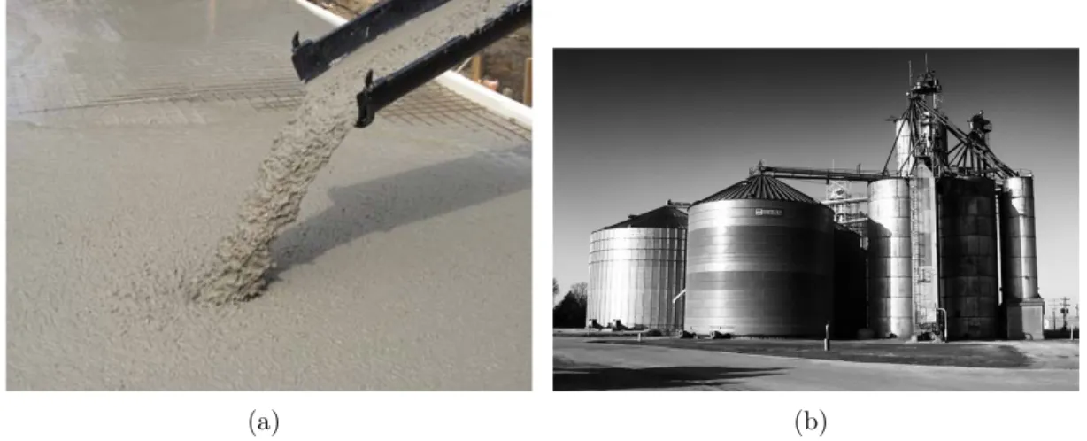 Figure 1.2 – (a) Béton coulé pour de la construction. (b) Silos pour le stockage des céréales dans le village de Ragan dans le Nebraska.