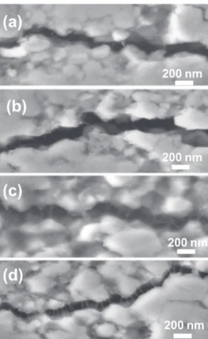 Figure 2. FESEM images of cracks made by Vickers indentation using a high load (2 kg) on the 8C (a), 20C (b), 8NC (c) and 20NC (d) composites.