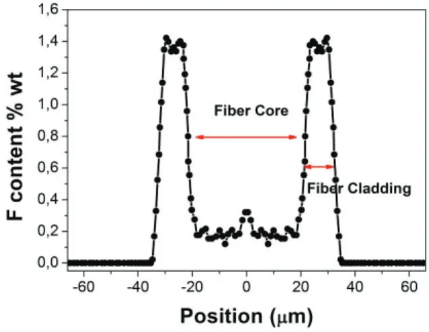 FIGURE 1: Fluorine contents as a function of the position along the diameter of the fiber in pristine sample