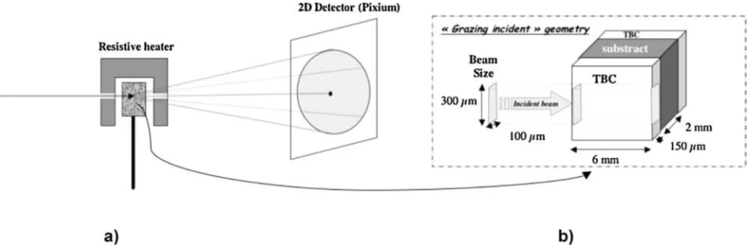Fig. 3. Sketch of the high-energy X-ray transmission set-up (a) and details of the sample geometry and X-ray beam size (b).