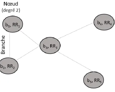 Figure 10. Exemple d’un graphiphe simplifié à 5 nœuds et 5 branches. Chaque point est caractérisé  par un doublet (b i , RR i ), b i  étant le i ème  battement et RR i  l’intervalle RR précédent