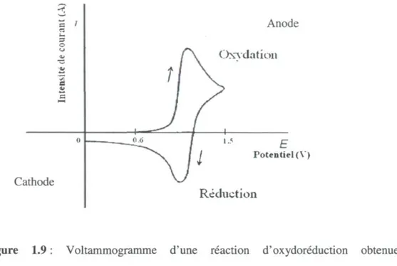 Figure 1.9 : Voltammogramme d'une réaction d'oxydoréduction obtenue par  voltampérométrie cyclique, adapté de Bontempelli et Toniolo (2009)