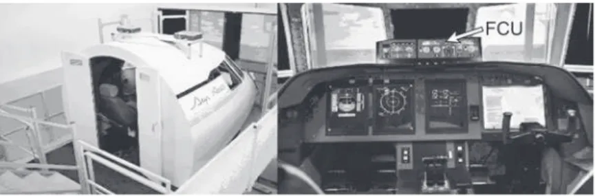 Figure 6. ISAE three-axis flight simulator. Note: Left – outside view of the cabin; right – cockpit view