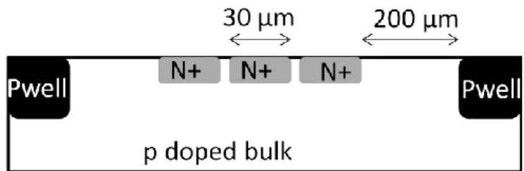 Fig. 3. Composed SE/EBIC images of (a) the cross cut and (b) front view the  photodiode matrix captured at 30 keV accelerating voltage