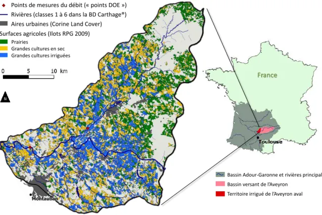Figure 12 : Localisation et présentation du territoire irrigué à l’aval de l’Aveyron   
