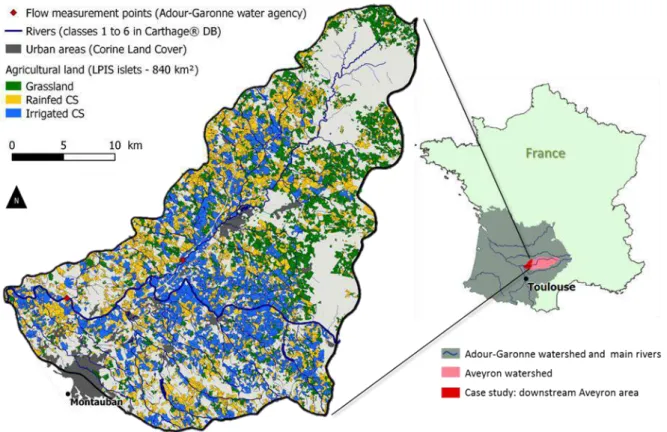 Figure  14.  Location  and  land-use  map  of  the  case  study  (downstream  of  the  Aveyron  River  basin)  located  in  the  Adour-Garonne basin  (southwestern  France)