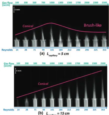 Figure 1 presents 10 µs exposure ICCD images of neon plumes generated with the ns rise time driver, operated at 200 Hz, versus the neon gas flow rate for the two capillary lengths of 5 and 15 cm.