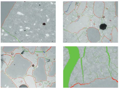 Fig. 7   Examples of highlighted SEM images. Clockwise from top left: S1-0 at 200× zoom, S1-S at 40× zoom,  S3-L at 200× zoom, S4-M at 40× zoom.